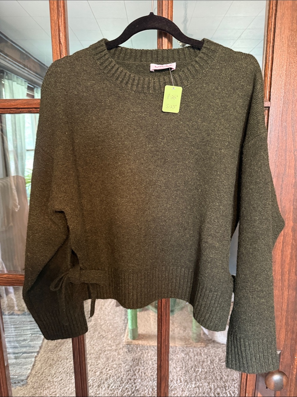 Olive Crewneck Sweater with Side Tie Detail